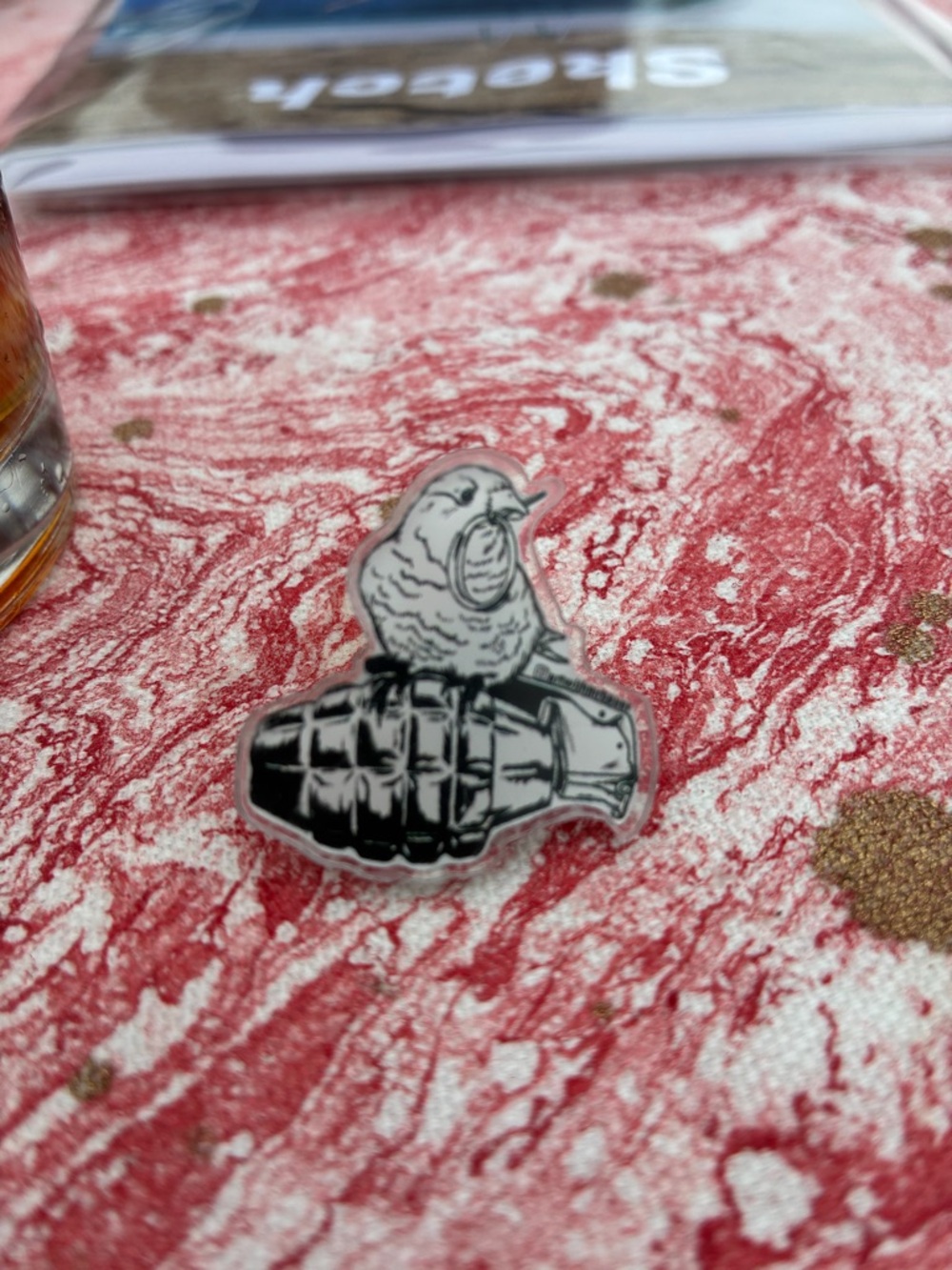 Bird on Grenade acrylic Pin - Black & White